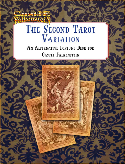Castle Falkenstein Tarot Deck PDF, an alternative fortune system featuring ornate tarot cards on a blue and gold floral background with yellow and blue text, including a Tarot Deck for divination and storytelling in Castle Falkenstein game.