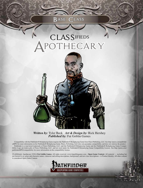 CLASSifieds: The Apothecary PDF by Fat Goblin Games features a male character with short hair and beard, wearing leather and cloth clothing, holding a flask with a PathFinder logo, in a fantasy setting.