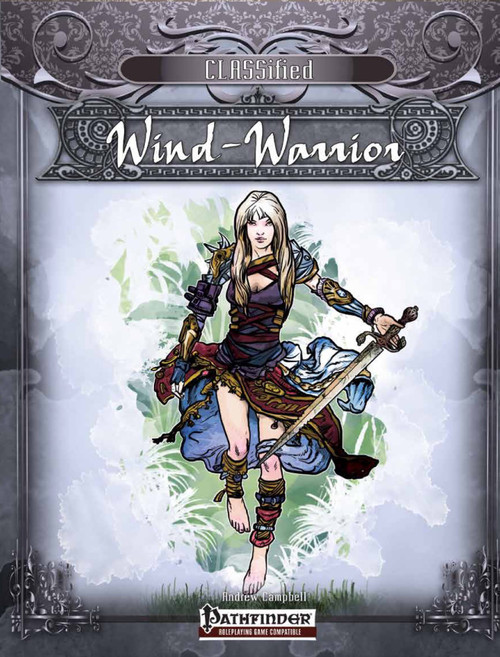 CLASSifieds: The Wind-Warrior PDF art. A blonde female warrior with sword, striking in a purple dress with gold accents. 44 pages of Pathfinder content, featuring a dynamic wind-warrior concept, with ornate gray border.