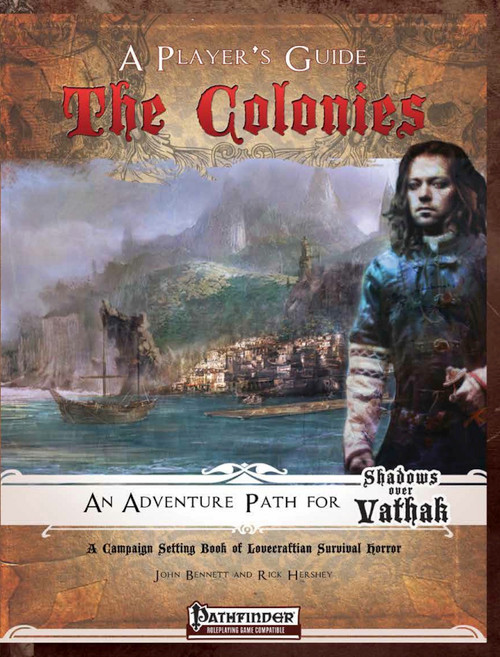 Shadows over Vathak: Colonies - Player's Guide PDF, a Pathfinder campaign setting book, featuring a dark-haired woman in a coastal setting with a ship and buildings, evoking Lovecraftian horror themes in a 5.51 x 8.27 inches PDF format.