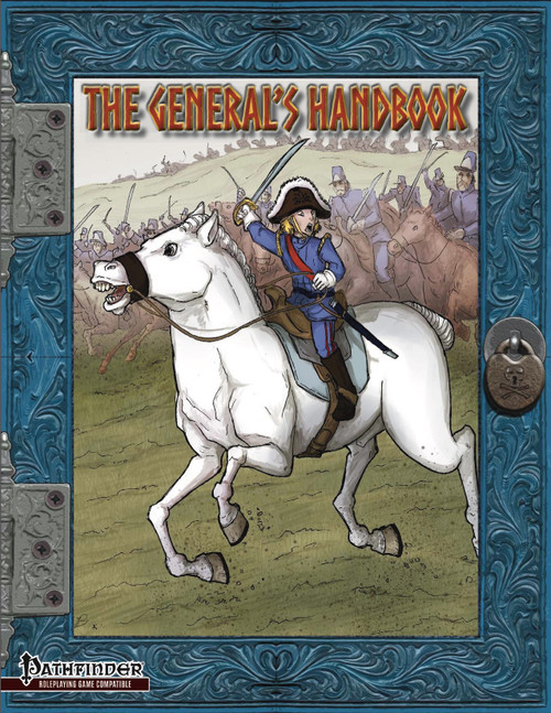 PDF cover art of The General's Handbook for Pathfinder, featuring a cartoon general with a sword, set against a battle scene background on a white horse, with a blue border and minimal design elements.