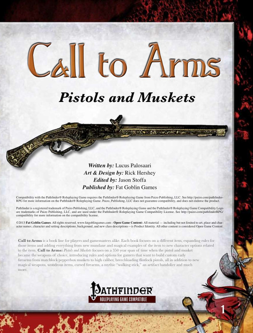 Call to Arms: Pistols & Muskets PDF book cover features an antique pistol, gold and black text on white background, designed by Fat Goblin Games, compatible with Pathfinder RPG, and showcasing early firearms from matchlock to breechloading flintlocks in a fantasy setting.