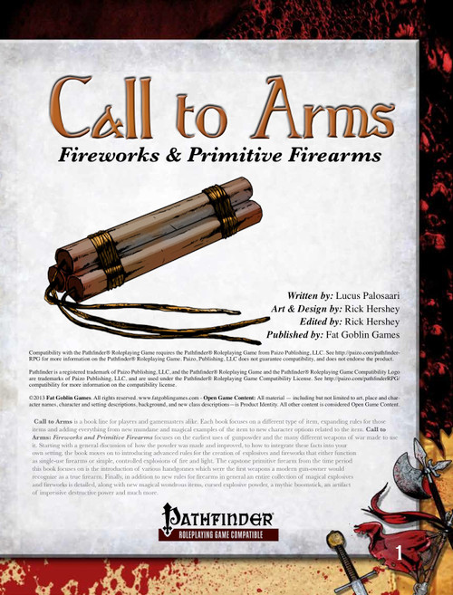 Call to Arms: Fireworks & Primitive Firearms PDF book cover features a bundle of dynamite with Pathfinder logo, red and black background, sword and dagger graphic. Published by Fat Goblin Games with a historical and gaming setting focus.
