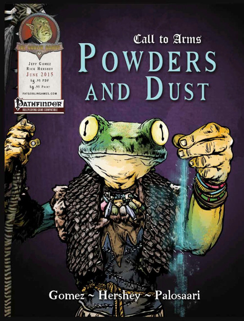 Call to Arms: Powders and Dusts PDF, a Pathfinder game product featuring a dark armored frog with a sword against a purple background, 144-page book from Arcana Publishing, includes powder-based afflictions and character options.