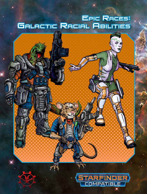 Epic Races: Galactic Racial Abilities PDF book cover features three alien characters in futuristic attire against a space background, with small size and black text, a Starfinder Roleplaying Game compatible supplement.