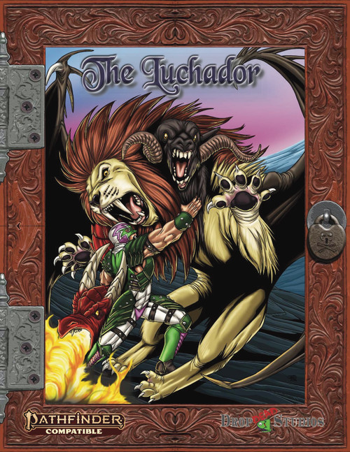 Luchador Second Edition PDF cover art featuring a fantasy battle scene with a hooded figure, lion-like creature, and demon in a vibrant pink and purple sky, including Pathfinder compatible logo and RPG game elements.