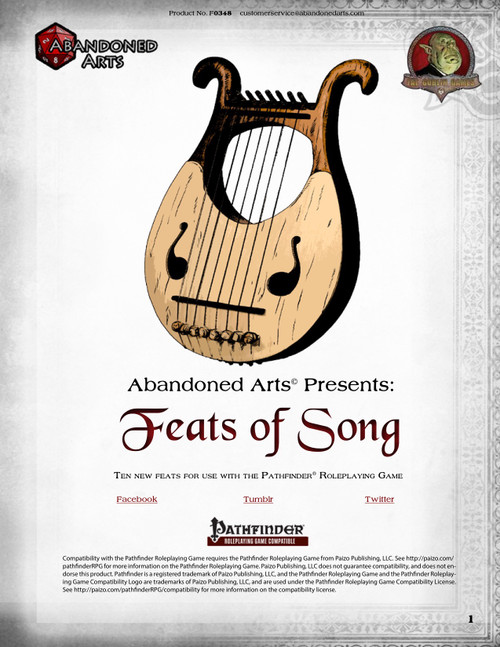 Feats of Song PDF cover art features a lyre, presented by Abandoned Arts, with ten new bardic feats compatible with Pathfinder, a single-page Pathfinder Roleplaying Game supplement in digital format.