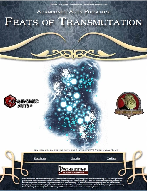 Feats of Transmutation PDF cover, featuring ten new transmutation feats in a Pathfinder Roleplaying Game-compatible layout, with blue and white sparks on a dark gold-accented background, including Abandoned Arts branding.