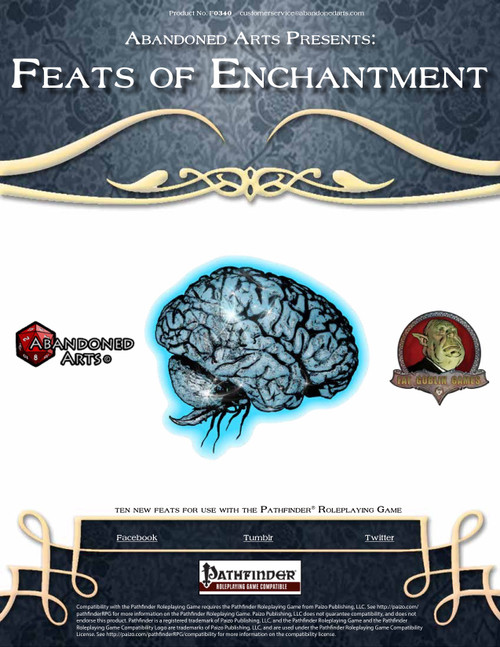 Feats of Enchantment PDF, a Pathfinder Roleplaying Game supplement with enchantment magic feats, featuring a white, blue, and gold background with brain and logo illustrations by Abandoned Arts, 2-page content, 9 new feats.