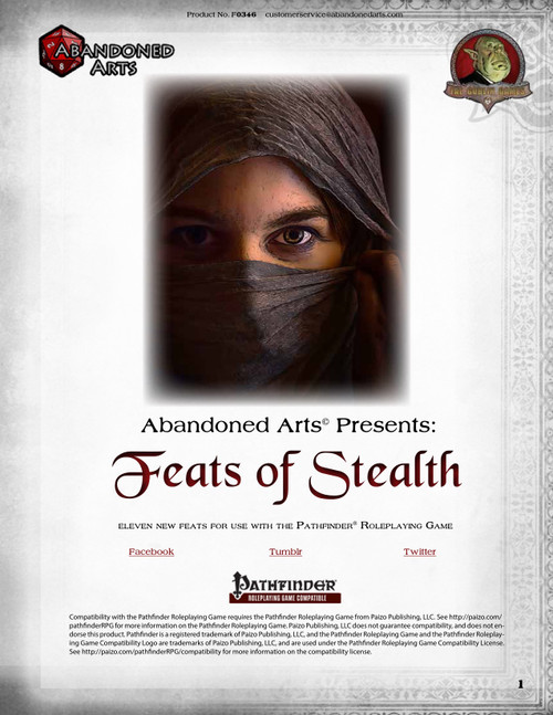 Feats of Stealth PDF for Pathfinder Roleplaying Game, featuring high-quality artwork and eleven new stealth feats, including Armored Sneak, Stealthy Tracking, and more, in clean design with Pathfinder logo.