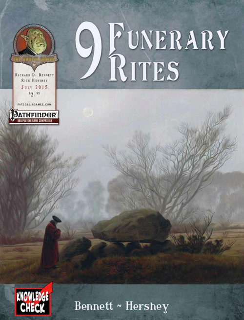 Knowledge Check: 9 Funerary Rites PDF book cover features a red figure in a somber landscape with trees, a large boulder, and includes various funerary rites from fantasy cultures and races at 8.5 x 11 inches.