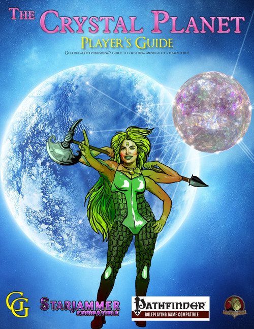 Product cover of The Crystal Planet: Player's Guide PDF, featuring green gemstone humanoid, Starjammer logo, and Pathfinder logo, on a blue planet background with a large purple crystal, brand new tabletop RPG guide.