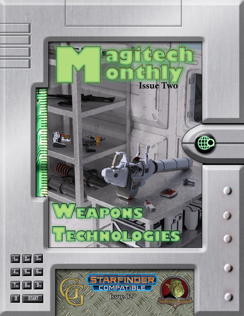 Magitech Monthly Issue 2: Weapon Technologies PDF, a Starfinder compatible digital publication featuring futuristic rail class weapons systems, portable pistols and Rail Cannon, on a metallic gray background.