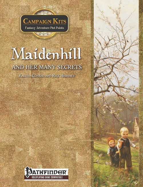 Pathfinder-friendly Campaign Kits: Maidenhill and Her Many Secrets PDF, featuring two children in a wooded landscape with a bare tree, designed for 4-player fantasy adventures, compatible with Pathfinder roleplaying game.