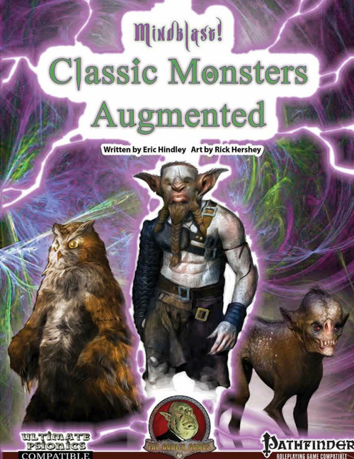 Mindblast! Classic Monsters Augmented PDF cover by Dreamscarred Press, featuring vibrant purple and green artwork with a humanoid figure, bear-like creature, and horned creature against a lightning bolt background, compatible with Pathfinder and Psionics.