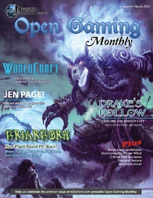d20pfsrd.com presents Open Gaming Monthly #1 PDF, a 96-page full-color book featuring fantasy creature artwork, article titles, and dark blue-green hues, presenting content for Open Gaming Systems from various writers and game designers.