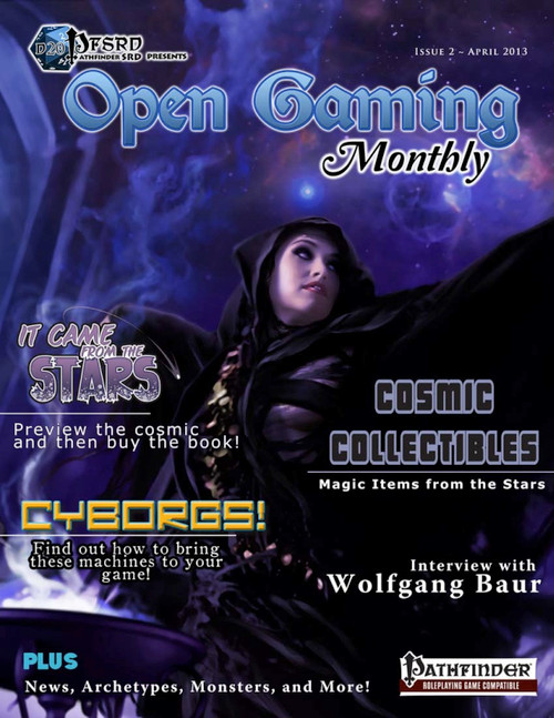 Open Gaming Monthly #2 PDF magazine, 96-page, full-color publication presenting content on Pathfinder and cosmic collectibles, featuring contributors from d20pfsrd.com and Fat Goblin Games, highlighting astrology and gaming news.