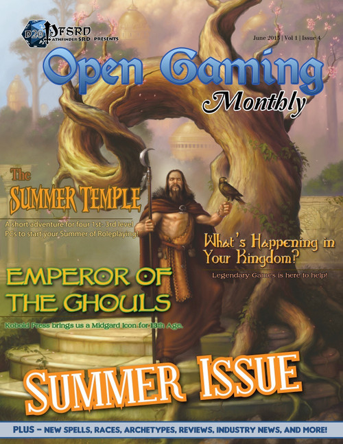d20pfsrd Open Gaming Monthly #4 PDF, a 96-page full-color magazine featuring articles and rules for 1st-3rd level PCs, 13th Age players, and more, including villain and adventure content for fantasy settings.