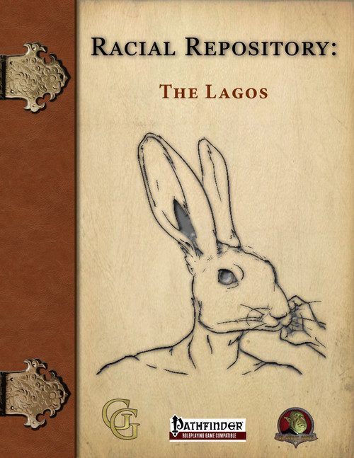 Racial Repository: The Lagos PDF, a beige 8.5 x 11 inch book cover featuring a humanoid hare design, includes Lagos racial history, culture, and T class archetype for Pathfinder Roleplaying Game.