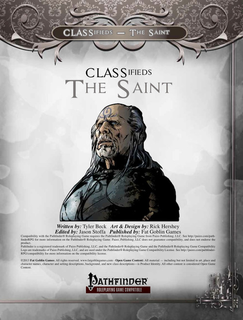 CLASSifieds: The Saint PDF, Pathfinder roleplaying game supplement, featuring a bearded man in armor, published by Fat Goblin Games, a colorless digital product.