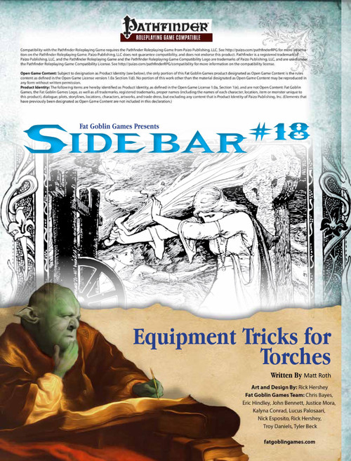 Pathfinder Sidebar 18 Equipment Tricks for Torches PDF by Fat Goblin Games, a 24- or 32-page guide featuring a monk in a black-and-white scene with blue and brown design elements.