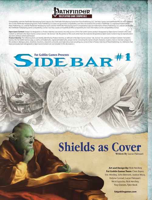 Fat Goblin Games Presents Sidebar #1—Shields as Cover PDF featuring ancient designs, Pathfinder, PFRPG content, and shields on a parchment background with green monk in brown robes for roleplaying game strategy.