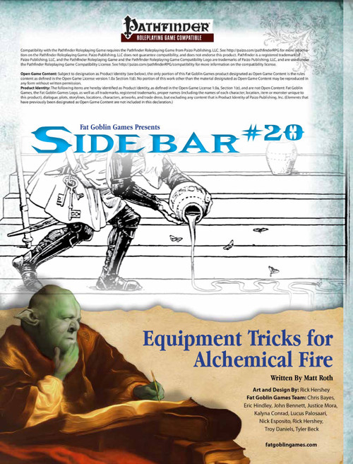 Sidebar #20 - Equipment Tricks for Alchemical Fire PDF, featuring the Pathfinder logo and Fat Goblin Games branding, with an armored figure and a monk in a medieval illustration.