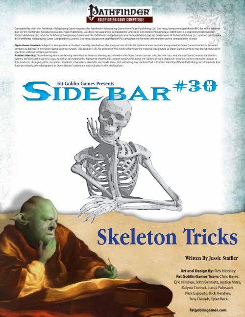 Sidbar #30 - Skeleton Tricks PDF, a Pathfinder companion, features a b&w design, 2-page layout, by Fat Goblin Games, with undead strategy and necromancy tactics illustrations, suitable for fantasy settings.