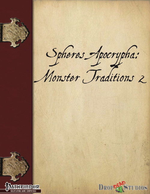 Spheres Apocrypha: Monster Traditions 2 PDF book product, featuring an ornate maroon vintage-style cover with gold accents, showcasing Pathfinder and Drop Dead Studios logos and branding, a digital PDF product.