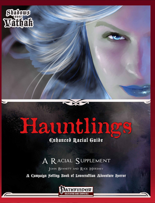 Shadows over Vathak Hauntlings Enhanced Racial Guide PDF, a digital book cover featuring a ghostly woman's face with dark, muted colors, from Paizo, a Pathfinder supplement, in English language, with a standard A4 paper size.