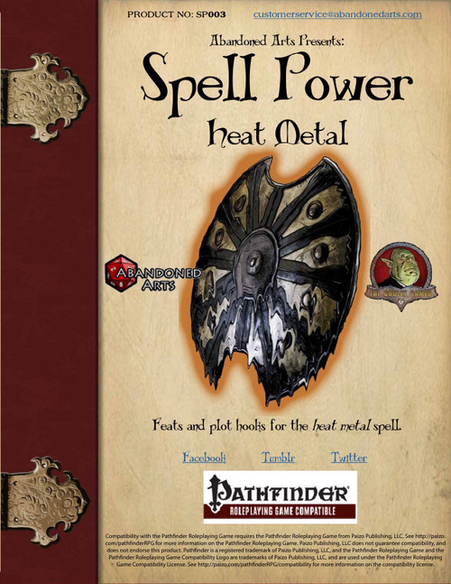 Pathfinder-compatible PDF cover featuring medieval shield design with a red border, highlighting Spell Power: Heat Metal PDF, a game addition with new feats and plot hooks for the heat metal spell to enhance Roleplaying Game.