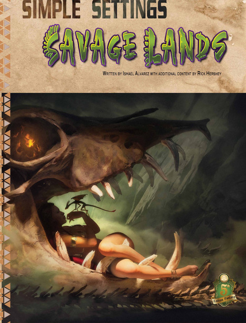 Savage Lands PDF cover, a prehistoric 5th edition role-playing guide. Front cover features a caveman fighting a giant creature, by Ismael Alvarez and Rick Henry, for Simple Settings 5E product.