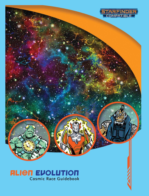 Alien Evolution: Cosmic Race Guidebook PDF cover features vibrant galaxy background with orange accents, showcasing unique alien physiologies and abilities for 25 Starfinder-compatible playable alien species in various formats.