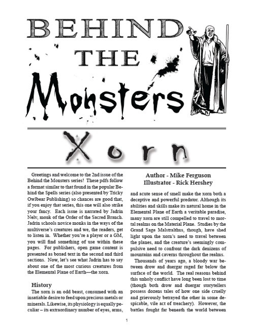 Behind the Monsters: Xorn PDF digital guide by Mike Ferguson and Rick Hershey, Tricky Owlbear Publishing, featuring monster lore and game insights, 1 monster variant and 1 magic item, narrated by Jadrin Nelv, black and white layout.