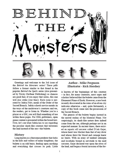 Behind the Monsters: Bulette PDF, a digital guide from Tricky Owlbear Publishing with white background, featuring a new monster and spell, written by Mike Ferguson, illustrated by Rick Hershey, 8.5x11 inch PDF format.
