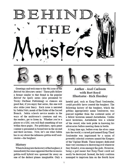 Behind the Monsters: Barghest PDF by Tricky Owlbear Publishing, a digital dark fantasy publication with bold black text and white background, featuring a monk in a black robe and RPG content.