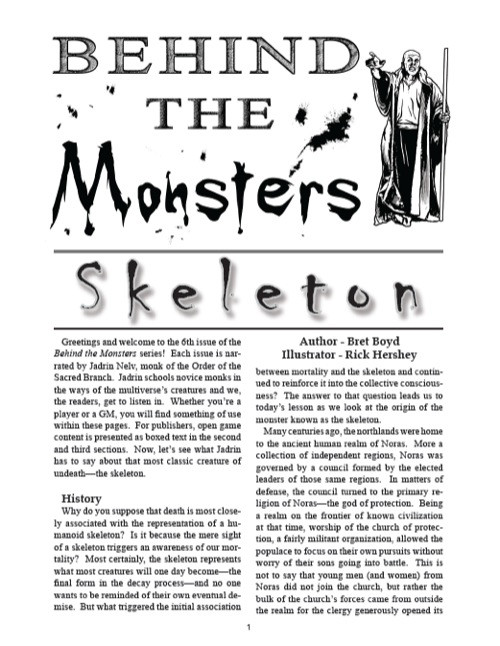 Behind the Monsters: Skeleton PDF by Jadrin Nelv, a 16-page guide with color illustrations from Rick Hersey, published by Tricky Owlbear Publishing, featuring monster lore and strategies for players and GMs.