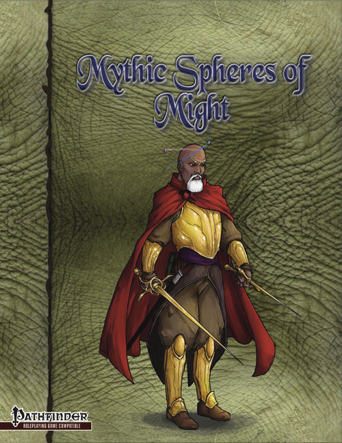 Pathfinder game content, Mythic Spheres of Might PDF, featuring a muscular warrior on a green background with the Pathfinder logo, red cape and white beard, in a fantasy theme, by Paizo, suitable for tabletop gaming and RPG enthusiasts.
