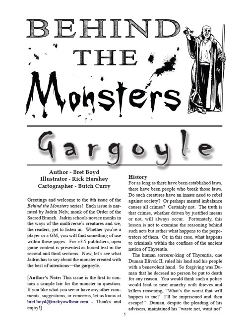 Behind the Monsters: Gargoyle PDF, a medieval-style fantasy publication by Tricky Owlbear Publishing, featuring a monk in a gothic setting with dark fantasy illustrations, available as a digital download, medieval-themed fantasy PDF.