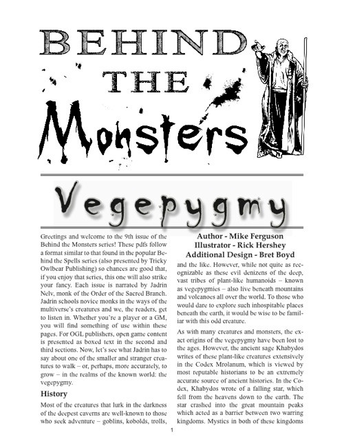 Behind the Monsters: Vegepygmy PDF, a fantasy guide by Tricky Owlbear Publishing, features black text on white, authored by Mike Ferguson, with illustrations by Rick Hershey, and two character advantages inside a 64-page booklet, covering a monster variant and artifact.