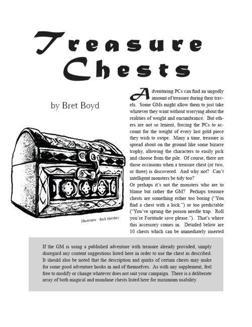 Bret Boyd's 7-page Treasure Chests PDF, featuring 10 magical and mundane treasure chests, ideal for DMs to use as treasure or storage, within a compact, black and white illustration.