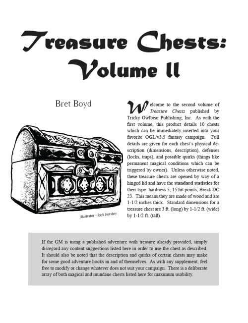 Treasure Chests: Volume 2 PDF, a 6-page written guide by Bret Boyd featuring 10 treasure chests with magical and mundane designs, physical descriptions, and defenses, presented in black and white, with various GM applications.