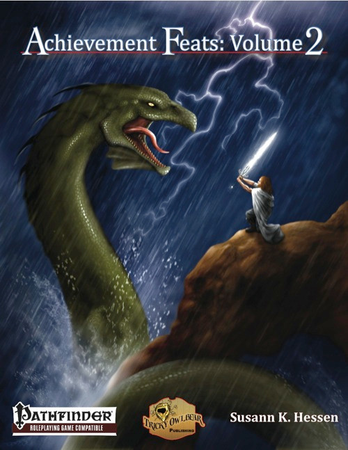 Pathfinder Roleplaying Game (PFRPG) PDF, Achievement Feats: Volume 2 cover, featuring a heroic warrior with sword battling a sea serpent under a stormy night sky, 8.5 x 11 inch, color print.