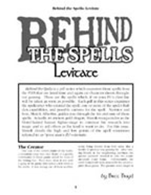Behind the Spells: Levitate PDF, a digital document featuring detailed analysis of the levitate spell, spellcaster insights, variants, and a magic item, in a clear layout on a white background.