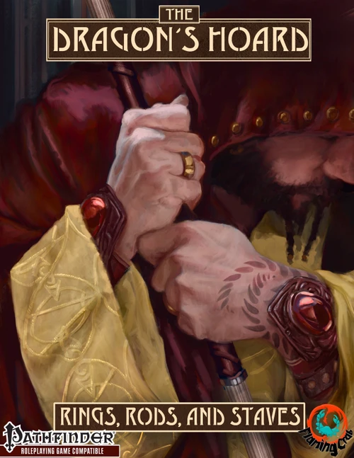 Dragon's Hoard: Rings, Rods, and Staves PDF cover, featuring a medieval man in yellow and red attire with a sword, Pathfinder and Dragon's Hoard logos, conveying fantasy adventure and tabletop RPG themes, magic items and medieval inspiration.