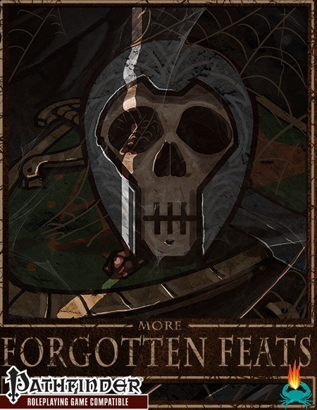 More Forgotten Feats PDF, a Pathfinder-compatible product, featuring a grim reaper skull with a sword, on a green background with cobwebs, brown and gray tones, 42 simple feats, feats illustrations
