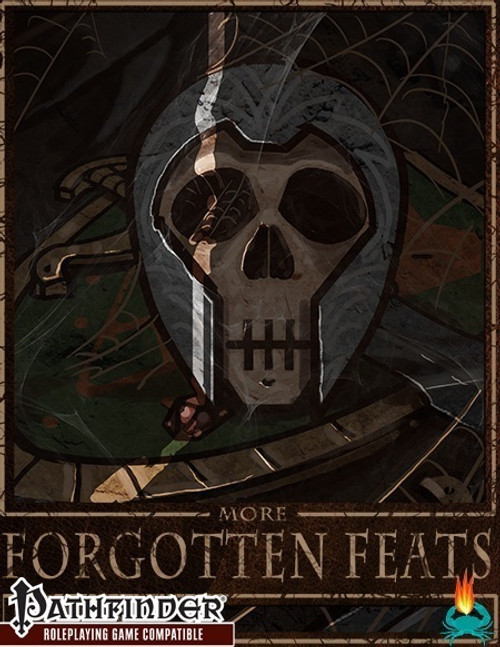 More Forgotten Feats PDF, a Pathfinder roleplaying game supplement, features 42 simple feats and 6 illustrations on a green and brown background with a grim reaper skull and crossed swords design.