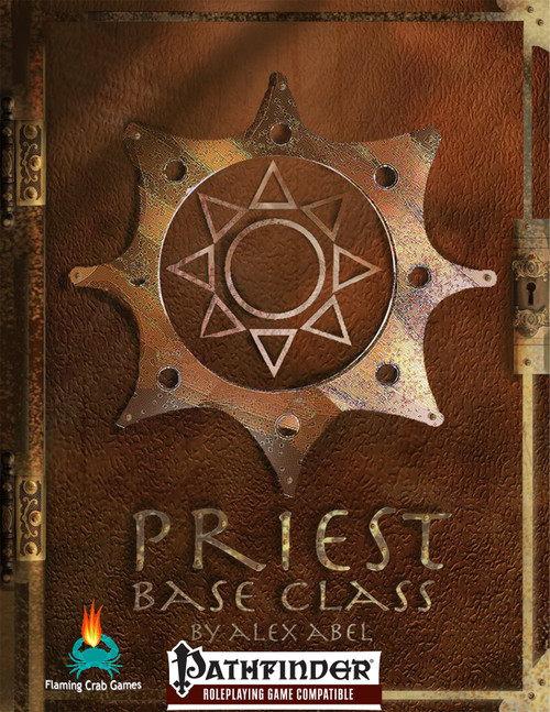 A brown leather-bound book featuring the cover art of The Priest Base Class for the Pathfinder Roleplaying Game, with gold accents and the Flaming Crab Games and Pathfinder logos.