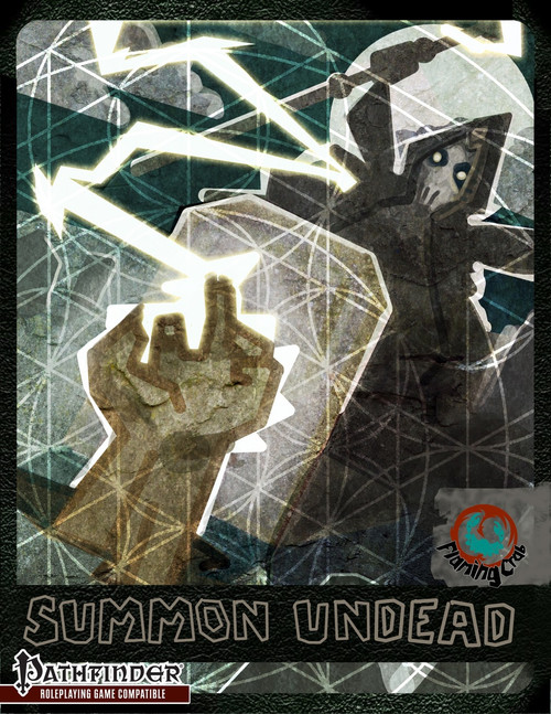Pathfinder-compatible Summon Undead PDF card, featuring a group casting a spell in a dark fantasy setting against a glowing backdrop, designed for game enthusiasts and fantasy RPG lovers, measuring 8 point font size.