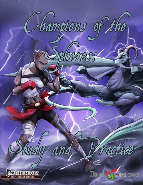Fantasy warriors in dynamic combat against a purple stormy background with lightning, illustrated for Champions of the Spheres: Study and Practice PDF, a publication by Pathfinder and Drop Dead Studios.